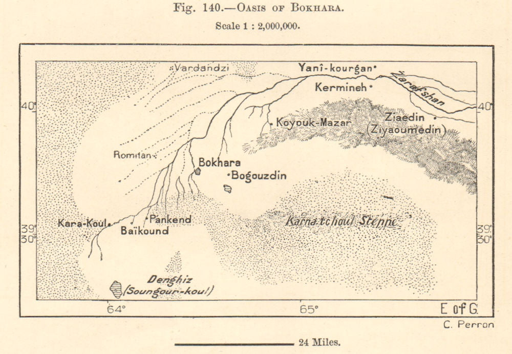 Bukhara & environs. River Zeravshan Kermineh Karmana Uzbekistan. Sketch map 1885